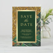 Gouden Smaragdgroene Marmeren Foto Bruiloft Save The Date (Staand voorkant)