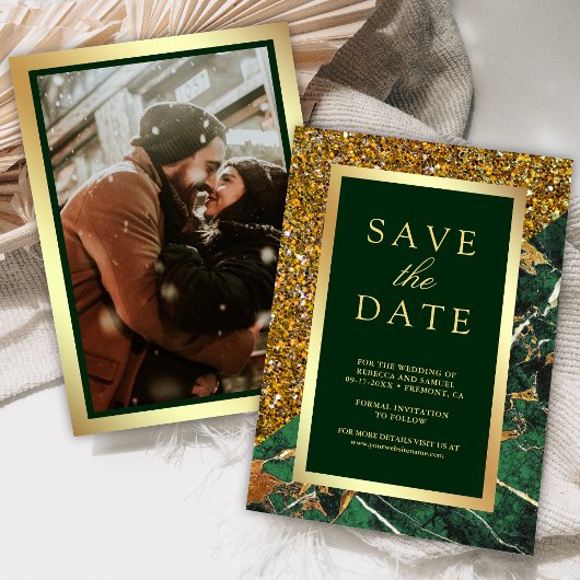 Gouden Smaragdgroene Marmeren Foto Bruiloft Save The Date