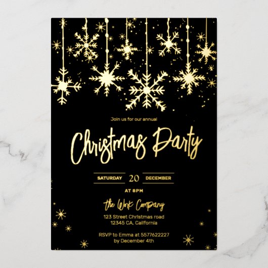 gouden sneeuw gala elegante kerstfeestdag folie uitnodiging (Voorkant)