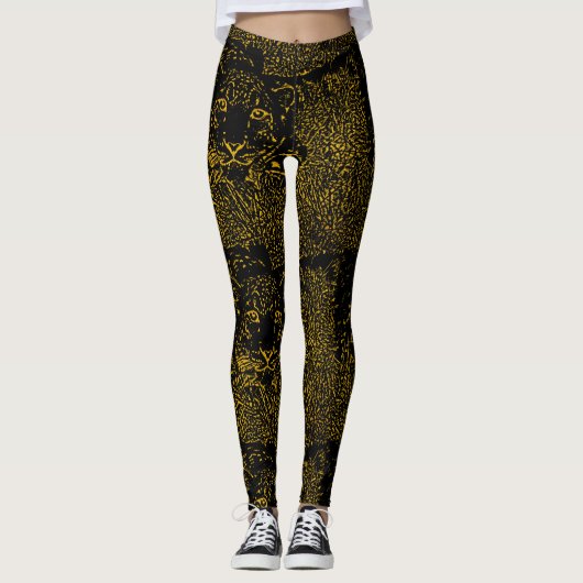 Gouden Sneeuw Leopard op zwarte Leggings (Voorkant)