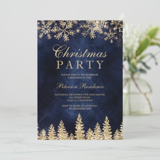 gouden sneeuw pijnboom marine blauw chique corpora kaart (Staand voorkant)