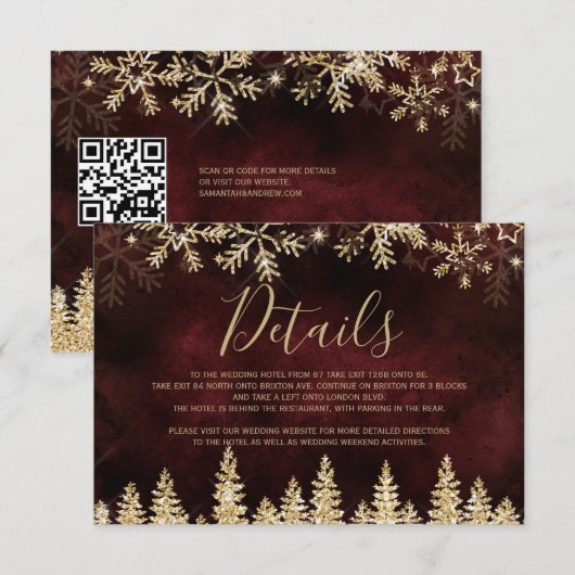 Gouden sneeuw pijnboom rood Kerstmis winter detail Informatiekaartje (Voorkant / Achterkant)