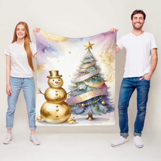 Gouden Sneeuwman Kerstboom Fleece Deken (In situ)