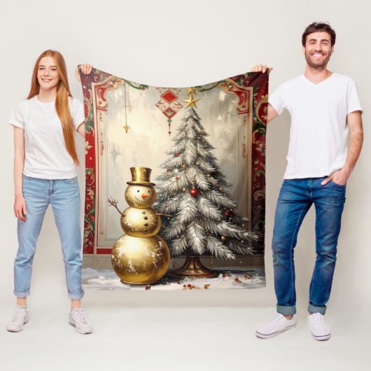 Gouden Sneeuwman Kerstboom Fleece Deken (In situ)