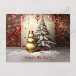 Gouden Sneeuwman Kerstboom Vakantie Ansichtkaart Briefkaart