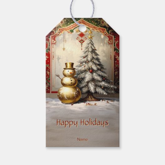 Gouden Sneeuwman Kerstboom Vakantie Cadeaubijsluit Cadeaulabel (Voorkant)