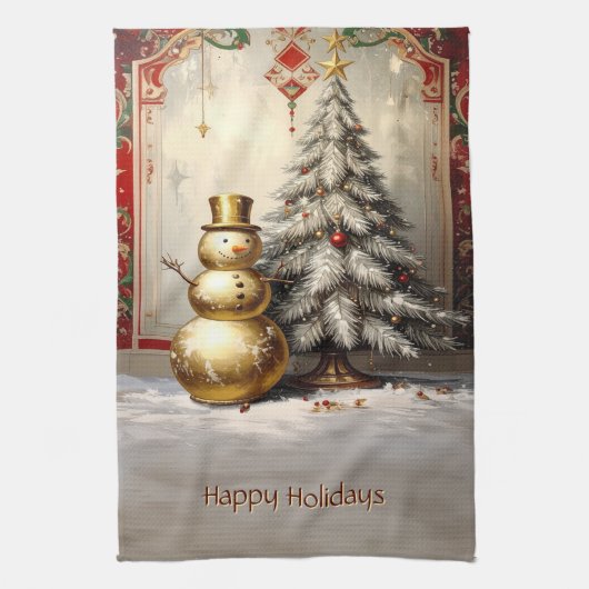 Gouden Sneeuwman Kerstboom Vakantie Theedoek (Verticaal)