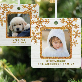 Gouden sneeuwvlok 2 foto chique tweezijdig metalen ornament