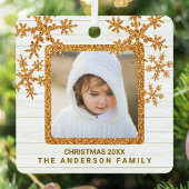 Gouden sneeuwvlok 2 foto chique tweezijdig metalen ornament