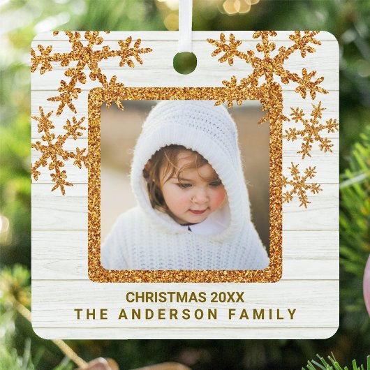Gouden sneeuwvlok 2 foto chique tweezijdig metalen ornament