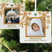 Gouden sneeuwvlok 2 foto chique tweezijdig metalen ornament