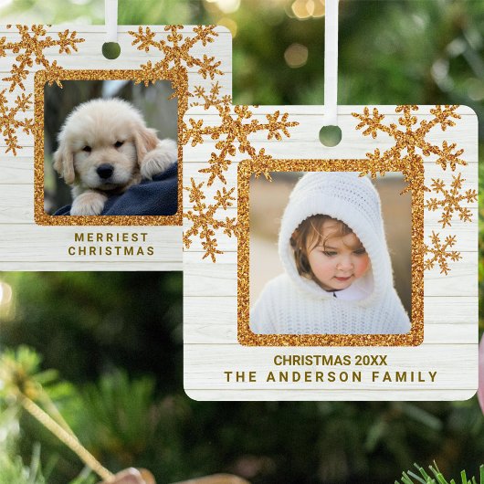 Gouden sneeuwvlok 2 foto chique tweezijdig metalen ornament