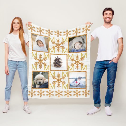 Gouden Sneeuwvlok Facultatief Monogram 5 Foto Fleece Deken (In situ)