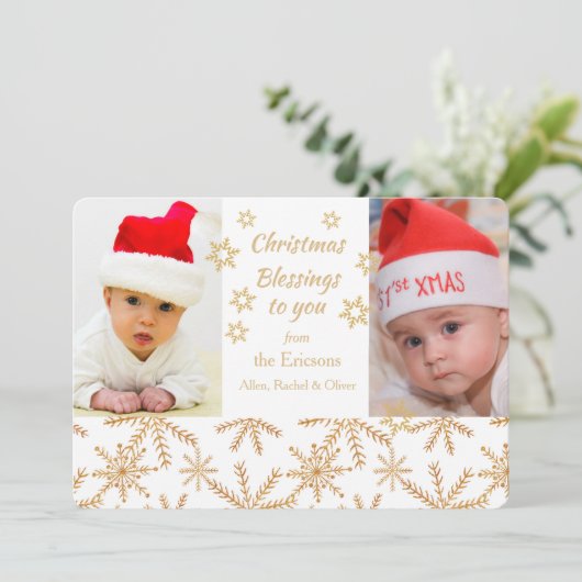 Gouden Sneeuwvlok Kerstfoto Sjabloon Platte Kaart (Staand voorkant)