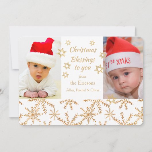 Gouden Sneeuwvlok Kerstfoto Sjabloon Platte Kaart (Voorkant)