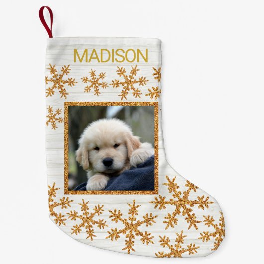 Gouden sneeuwvlok leuk Kinder of huisdieren foto Kleine Kerstsok (Voorkant)