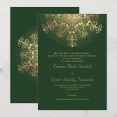 Gouden sneeuwvlok op groene elegante winterbruilof kaart (Voorkant / Achterkant)