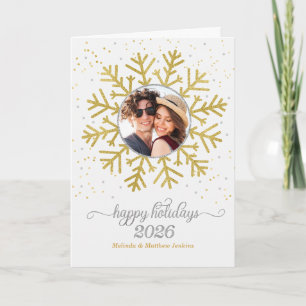 Gouden Sneeuwvlok op Wit met Foto Kerstmis Feestdagen Kaart