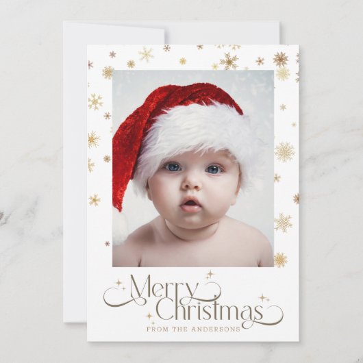 Gouden sneeuwvlok op witte achtergrond Kerstmis Fo Feestdagenkaart (Voorkant)