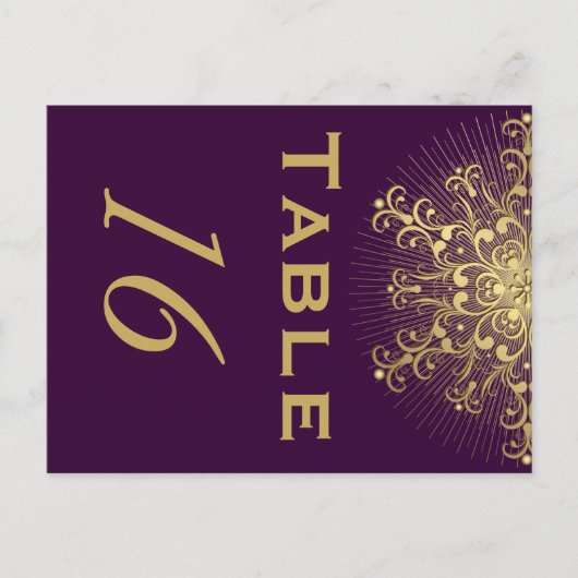 Gouden sneeuwvlok, paarse winter trouwtafel nummer briefkaart (Voorkant)