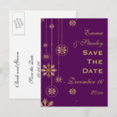 Gouden sneeuwvlok paarse winterbruiloft Save the D Aankondigingskaart (Voorkant / Achterkant)