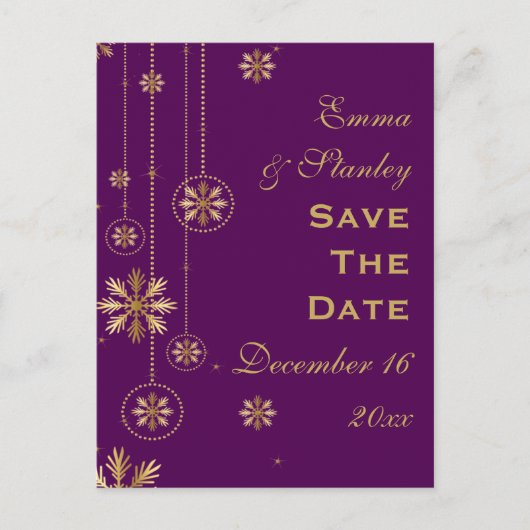Gouden sneeuwvlok paarse winterbruiloft Save the D Aankondigingskaart (Voorkant)