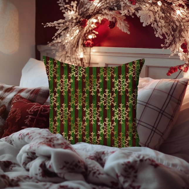 Gouden Sneeuwvlok Rode Groene Streep Kerstmis Kussen (Golden Snowflake Red Green Stripe Christmas Throw Pillow)