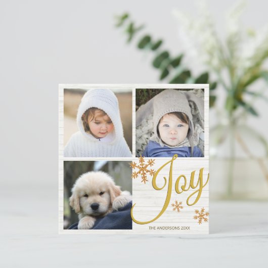 Gouden Sneeuwvlok Vreugdescript 3 Fotocollage Feestdagenkaart (Staand voorkant)