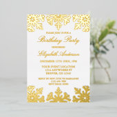 Gouden Sneeuwvlok Winter Verjaardagsfeest Folie Uitnodiging (Staand Voorkant)