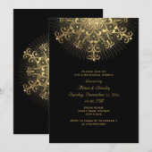 Gouden sneeuwvlok zwarte bruiloft repetitie diner kaart (Voorkant / Achterkant)