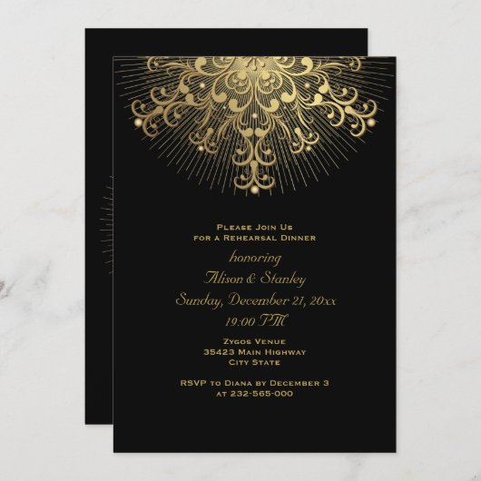 Gouden sneeuwvlok zwarte bruiloft repetitie diner kaart (Voorkant / Achterkant)