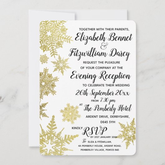 Gouden Sneeuwvlokken Avonduitnodiging Kaart (Achterkant)