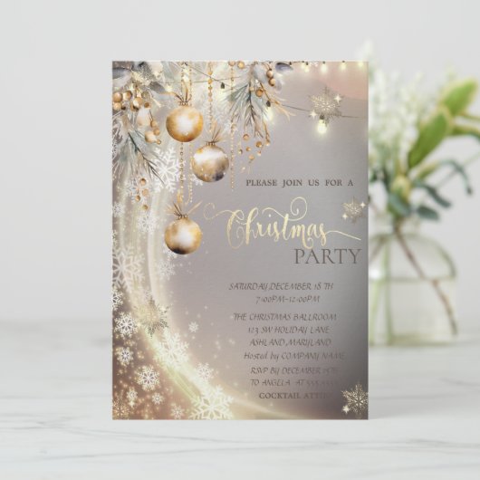 Gouden Sneeuwvlokken,  Ballen, Lichten Kerstmis Kaart (Staand voorkant)