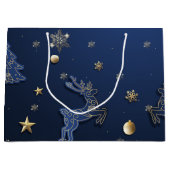 Gouden Sneeuwvlokken Blauwe Kerstboom Rendieren Groot Cadeauzakje (Voorkant)