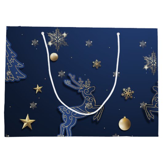 Gouden Sneeuwvlokken Blauwe Kerstboom Rendieren Groot Cadeauzakje (Achterkant)