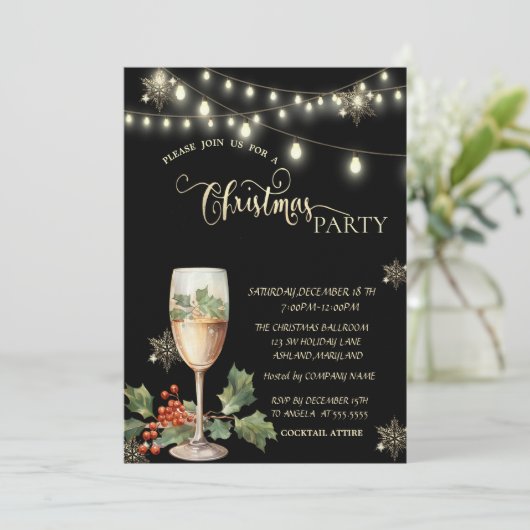 Gouden Sneeuwvlokken, ChampagneE Glas Kerstfeest Kaart (Staand voorkant)