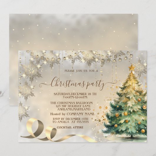 Gouden sneeuwvlokken Elegant Pine Tree Company Kaart (Voorkant / Achterkant)