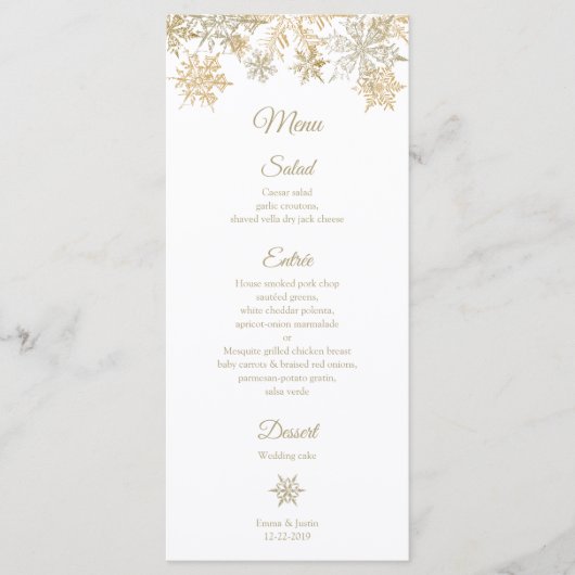 Gouden Sneeuwvlokken Elegante Winter Bruiloft Rack Menu (Voorkant)