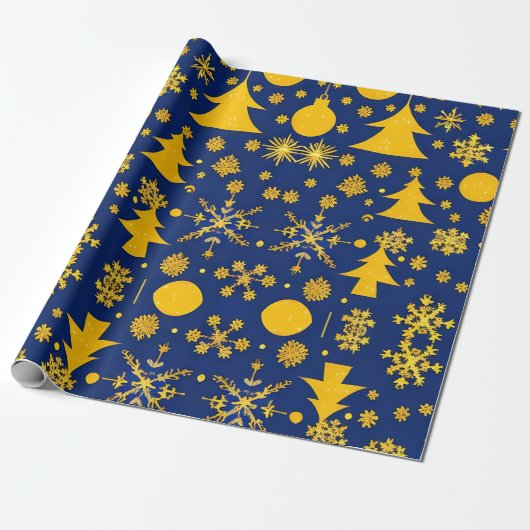 Gouden Sneeuwvlokken en Bomen Feestelijk Patroon Cadeaupapier (Uitgerold)