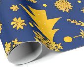 Gouden Sneeuwvlokken en Bomen Feestelijk Patroon Cadeaupapier (Rol Hoek)