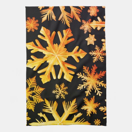 Gouden Sneeuwvlokken en zwarte achtergrondkleur Theedoek (Verticaal)