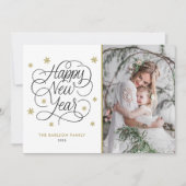 Gouden sneeuwvlokken Gelukkig Nieuwjaar Foto Feestdagenkaart (Voorkant)