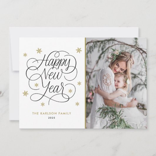 Gouden sneeuwvlokken Gelukkig Nieuwjaar Foto Feestdagenkaart (Voorkant)