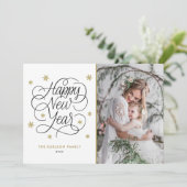 Gouden sneeuwvlokken Gelukkig Nieuwjaar Foto Feestdagenkaart (Staand voorkant)