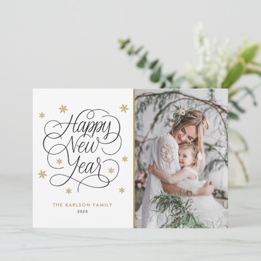 Gouden sneeuwvlokken Gelukkig Nieuwjaar Foto Feestdagenkaart (Staand voorkant)