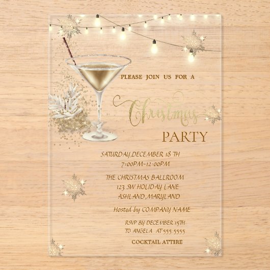 Gouden Sneeuwvlokken, Glas, Lichten Groene Kerstmi Acryl Uitnodigingen (Voorkant)