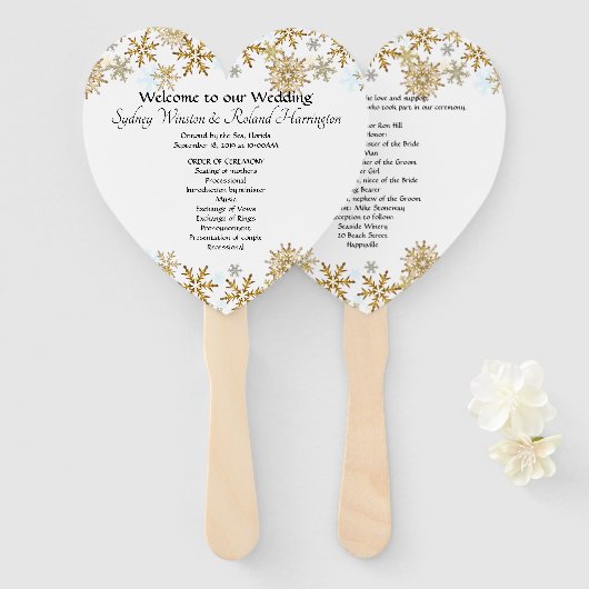 Gouden sneeuwvlokken hartvormige bruiloft fan prog handwaaier (Voorkant en achterkant)