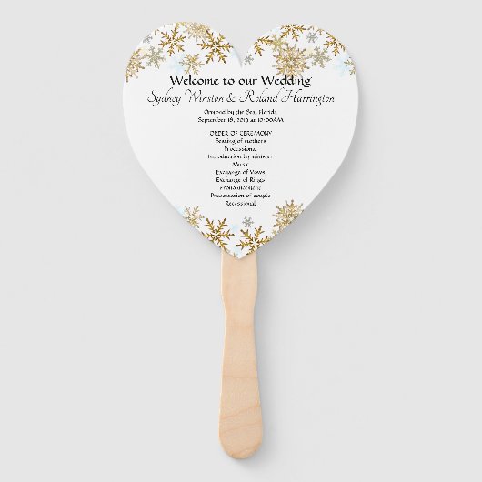 Gouden sneeuwvlokken hartvormige bruiloft fan prog handwaaier (Voorkant)