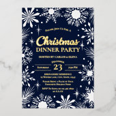 Gouden Sneeuwvlokken Kerstdiner Party Navy Folie Uitnodiging (Voorkant)