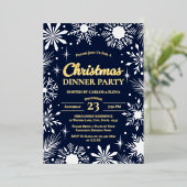 Gouden Sneeuwvlokken Kerstdiner Party Navy Folie Uitnodiging (Staand Voorkant)